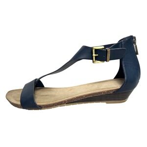 Reaction Kenneth Cole Navy Blue Wedge Sandals T-Strap Buckle Zip Closure